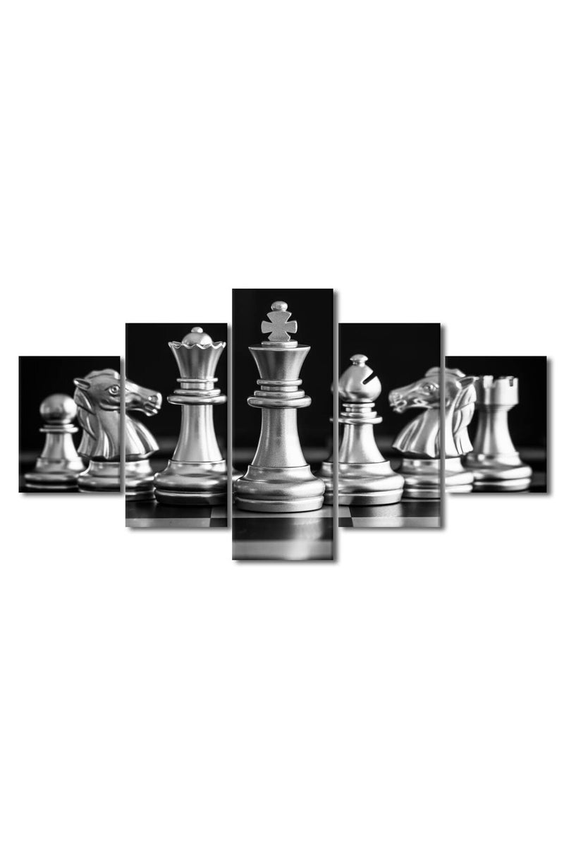 TISHIRON Black and White King 5 Pieces Canvas Art Wall Decor Modern Black and White King and Knight of Chess Painting Wall Art for Home Game Room Living Room Posters Prints Framed Ready to Hang 60x32 in - Image 1