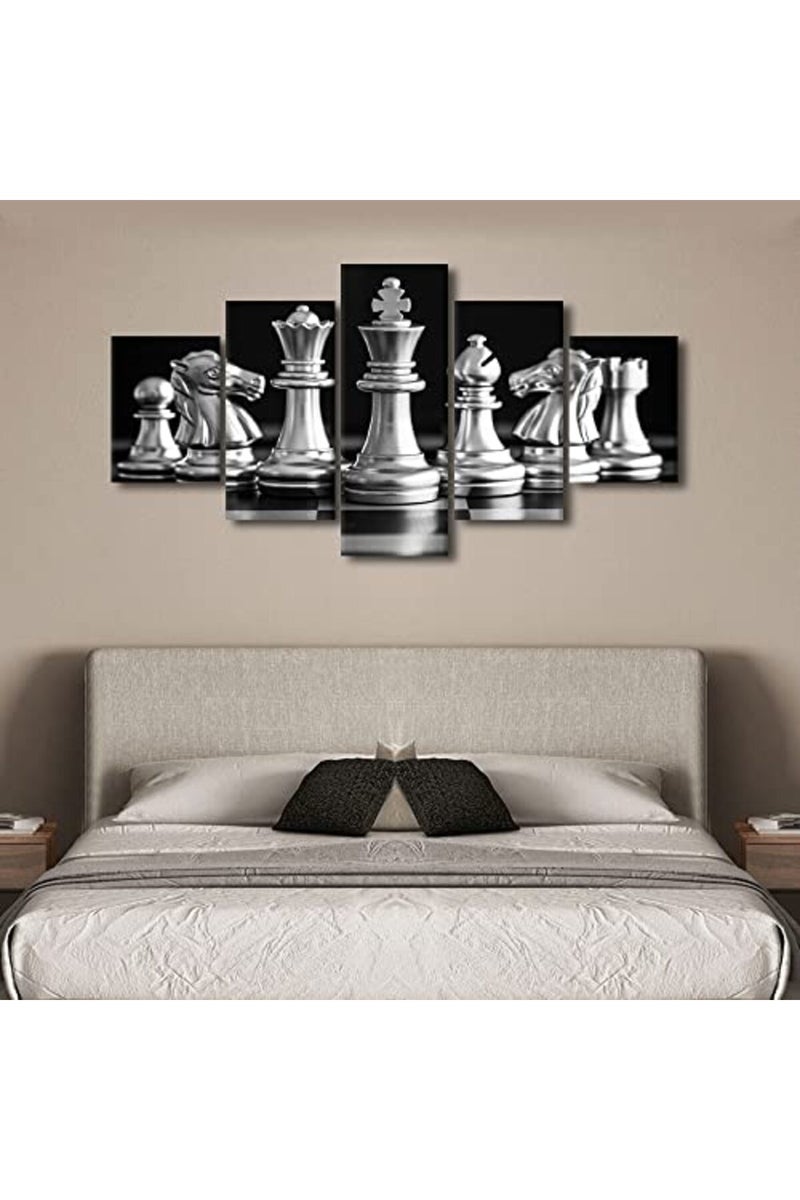 TISHIRON Black and White King 5 Pieces Canvas Art Wall Decor Modern Black and White King and Knight of Chess Painting Wall Art for Home Game Room Living Room Posters Prints Framed Ready to Hang 60x32 in - Image 3