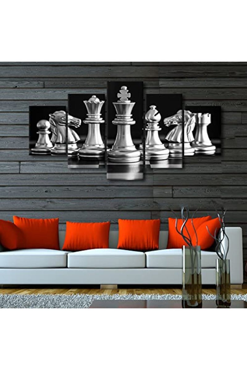 TISHIRON Black and White King 5 Pieces Canvas Art Wall Decor Modern Black and White King and Knight of Chess Painting Wall Art for Home Game Room Living Room Posters Prints Framed Ready to Hang 60x32 in - Image 2
