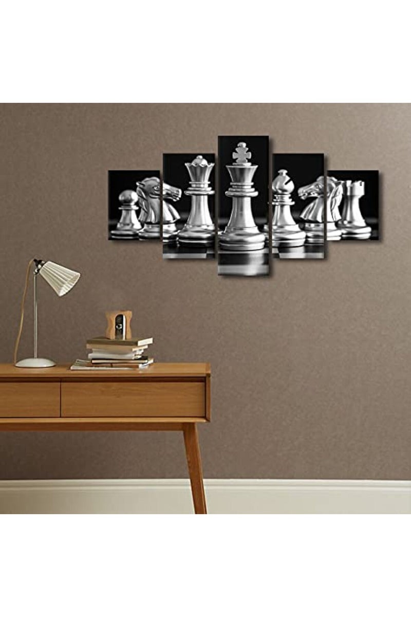 TISHIRON Black and White King 5 Pieces Canvas Art Wall Decor Modern Black and White King and Knight of Chess Painting Wall Art for Home Game Room Living Room Posters Prints Framed Ready to Hang 60x32 in - Image 4