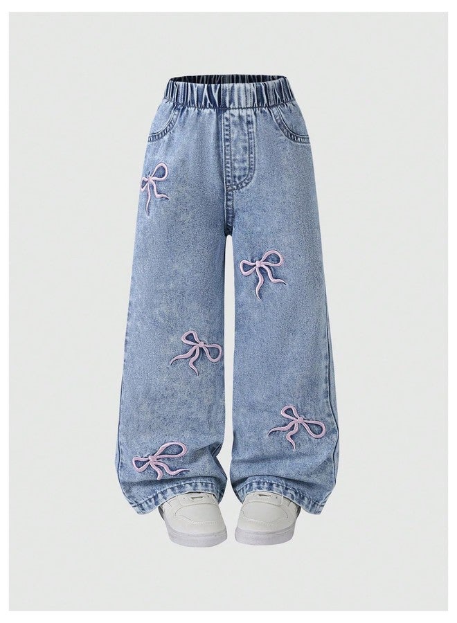 ميك ميشيك بنطلون جينز بناتي من MakeMeChic، بخصر مطاطي، بنطلون جينز لطيف مع جيوب، لون فاتح، مقاس 5 سنوات - Image 5