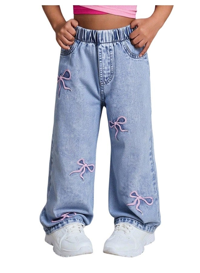 ميك ميشيك بنطلون جينز بناتي من MakeMeChic، بخصر مطاطي، بنطلون جينز لطيف مع جيوب، لون فاتح، مقاس 5 سنوات - Image 1