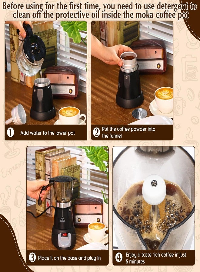 Lemosae Electric Espresso Maker Transparent Coffee Maker Electric Moka Pot Portable Aluminum Espresso Machine Italian Moka Pot with Detachable Base, Coffee Gift for Women Men Home Travel(Black,6 Cup) - Image 4