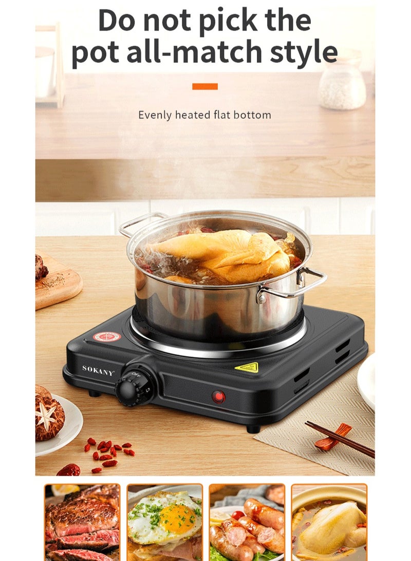sokany Electric Countertop Single Burner, 1000W Cooktop with Cast Iron Hot Plate, 5 Level Temperature Control,Power Indicator Lights and Easy to Clean Stainless Steel Base,SK-5109 Black - Image 2