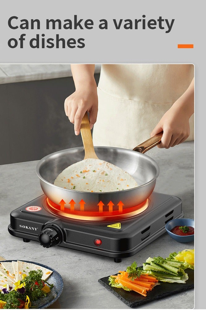 sokany Electric Countertop Single Burner, 1000W Cooktop with Cast Iron Hot Plate, 5 Level Temperature Control,Power Indicator Lights and Easy to Clean Stainless Steel Base,SK-5109 Black - Image 4