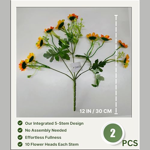 CURATED CART Artificial Daisy Flowers - Pack of 2 Faux Daisy Bouquets, 30 cm Tall with 10 Flower Heads per Stem - UV Resistant Plastic Plants for Indoor & Outdoor Use - Home, Garden (Yellow) (No Vase) - Image 2