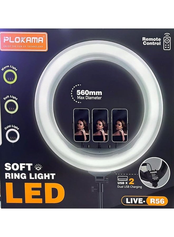 PLOKAMA ضوء حلقة LED ناعم Live-R56 مع حامل ثلاثي القوائم وحامل هاتف - ضوء حلقة قابل للتعتيم بحجم 10 بوصات للبث المباشر، المكياج، يوتيوب، زووم، تيك توك - 3 أوضاع إضاءة، 10 مستويات سطوع، يعمل بالطاقة عبر USB - Image 5