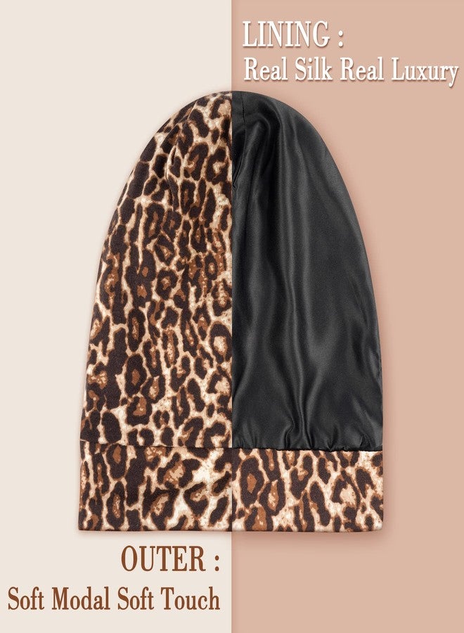 LULUSILK Mulberry Silk Bonnet for Sleeping Women, Real Silk Sleep Cap for Curly Hair and Braids, Pure Head Wrap with Scrunchies, Brown Leopard - Image 2