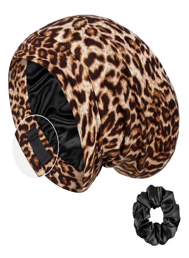 LULUSILK Mulberry Silk Bonnet for Sleeping Women, Real Silk Sleep Cap for Curly Hair and Braids, Pure Head Wrap with Scrunchies, Brown Leopard - Image 1