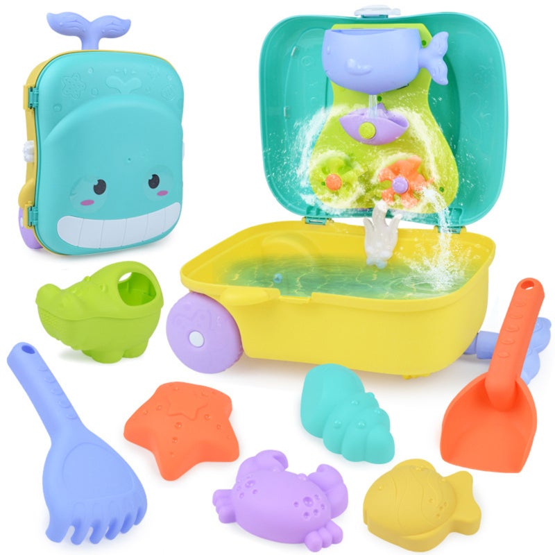 Children's Beach Toy Set: 8-Piece Blue Plastic Tools - Whale Trolley Case With Hourglass Water Flow & Storage For Kids Aged 3+ For Outdoor Sand And Water Play - Image 1