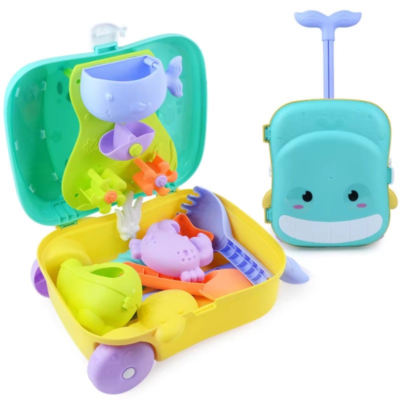 Children's Beach Toy Set: 8-Piece Blue Plastic Tools - Whale Trolley Case With Hourglass Water Flow & Storage For Kids Aged 3+ For Outdoor Sand And Water Play - Image 2