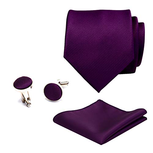 GUSLESON Solid Purple Wedding Ties For Men Neckties and Pocket Square Cufflinks Sets(IN0789-04) - Image 2