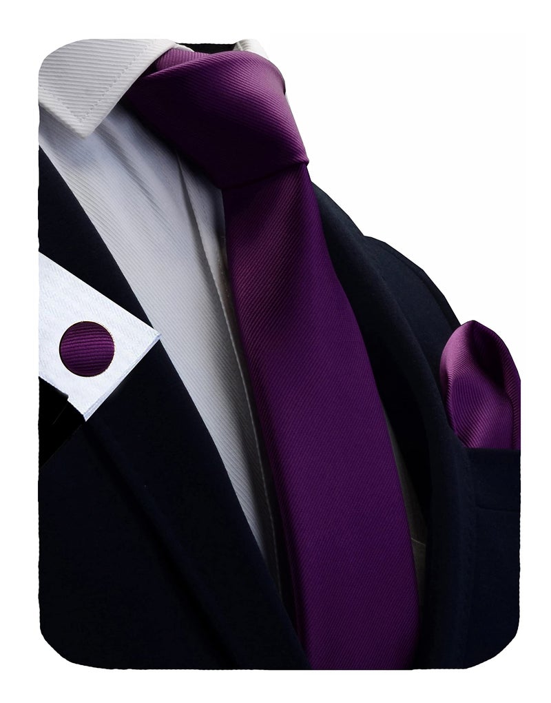 GUSLESON Solid Purple Wedding Ties For Men Neckties and Pocket Square Cufflinks Sets(IN0789-04) - Image 1