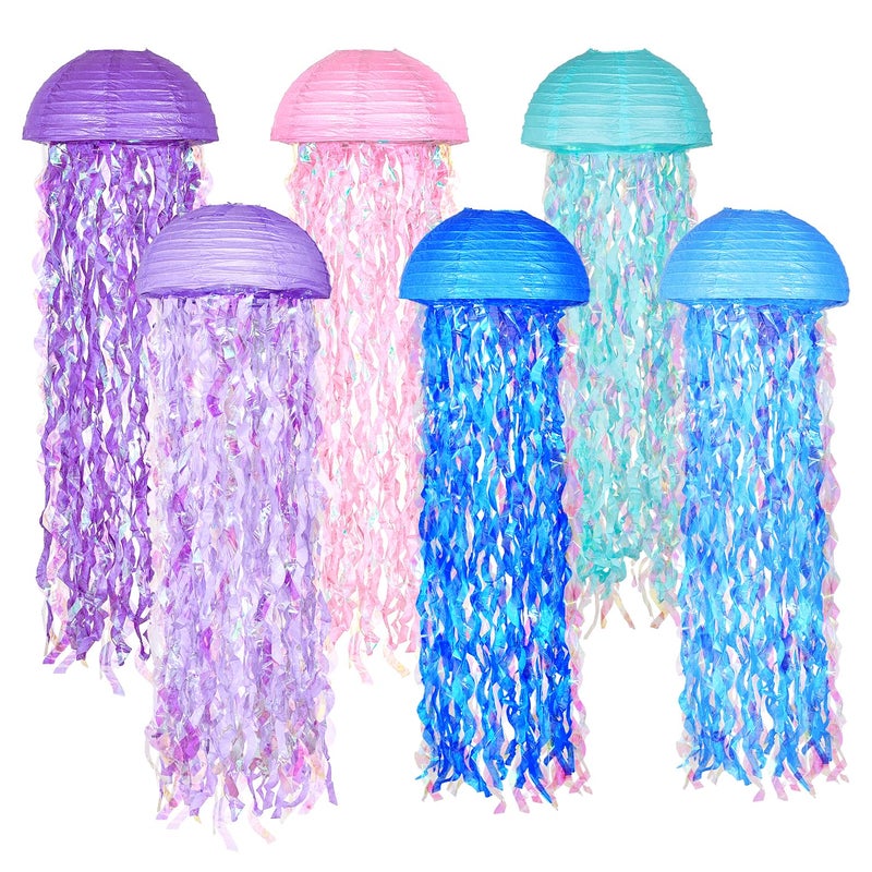 OBXT 10 Mermaid Jellyfish Lanterns Pink Purple Blue Decorations for Mermaid Birthday Party Under The Sea Theme Baby Shower Ocean Beach Room Hanging Decor Set of 6