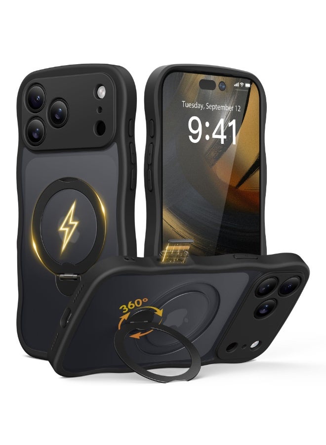 جولبينبوكس غطاء آيفون 17 برو مع MagSafe وحامل مغناطيسي دوار 360°، ‏[متوافق مع MagSafe] ‏[حافة على شكل موجة لطيفة] ‏[حماية بدرجة عسكرية]، غطاء هاتف آيفون 17 برو، باللون الأسود - Image 1