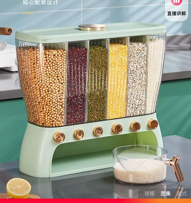 Generic 6-Compartment Cereal Dispenser with Measuring Scale, Acrylic and Plastic Storage Container for Beans, Lentils, Nuts, Rice, Cereals, Spices, Green. - Image 2