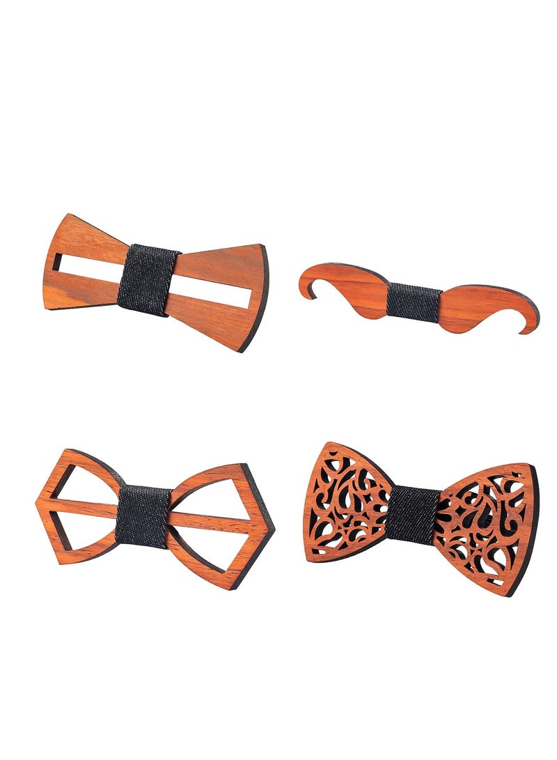 SYOSI 4 Pieces Wooden Bow Tie Handmade Customized Solid Wood Bow Tie Creative Wedding Wooden Bow Tie Necktie Wooden Bow Tie Cuff-Links Pocket Squares Suit for Every Proper Occasion - Image 1