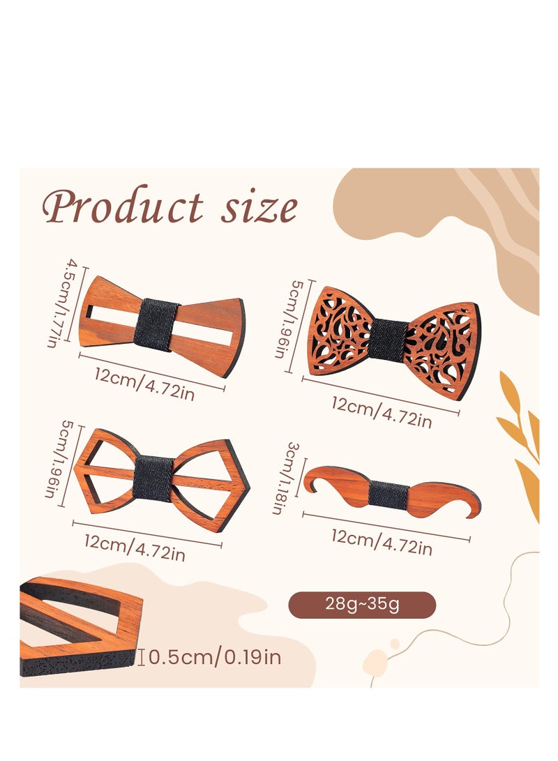 SYOSI 4 Pieces Wooden Bow Tie Handmade Customized Solid Wood Bow Tie Creative Wedding Wooden Bow Tie Necktie Wooden Bow Tie Cuff-Links Pocket Squares Suit for Every Proper Occasion - Image 3