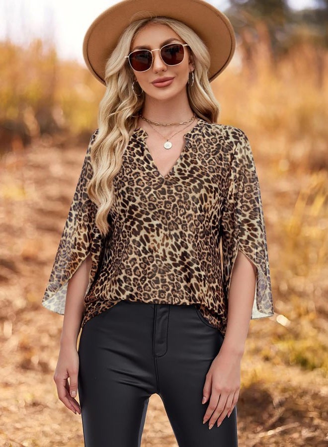 VALOLIA Women's 3/4 Sleeve Floral Tunic Tops V Neck Double Layers Loose Fit Mesh Blouses Shirt, Coffee-colored Leopard, 3XL - Image 3