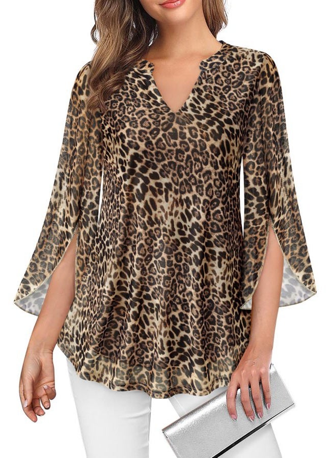 VALOLIA Women's 3/4 Sleeve Floral Tunic Tops V Neck Double Layers Loose Fit Mesh Blouses Shirt, Coffee-colored Leopard, 3XL - Image 2