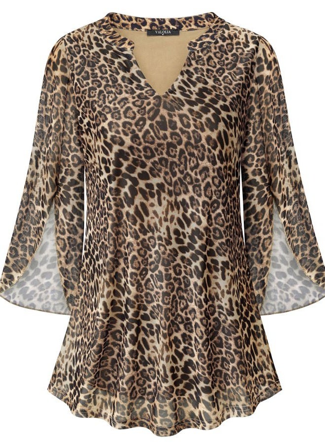 VALOLIA Women's 3/4 Sleeve Floral Tunic Tops V Neck Double Layers Loose Fit Mesh Blouses Shirt, Coffee-colored Leopard, 3XL - Image 1