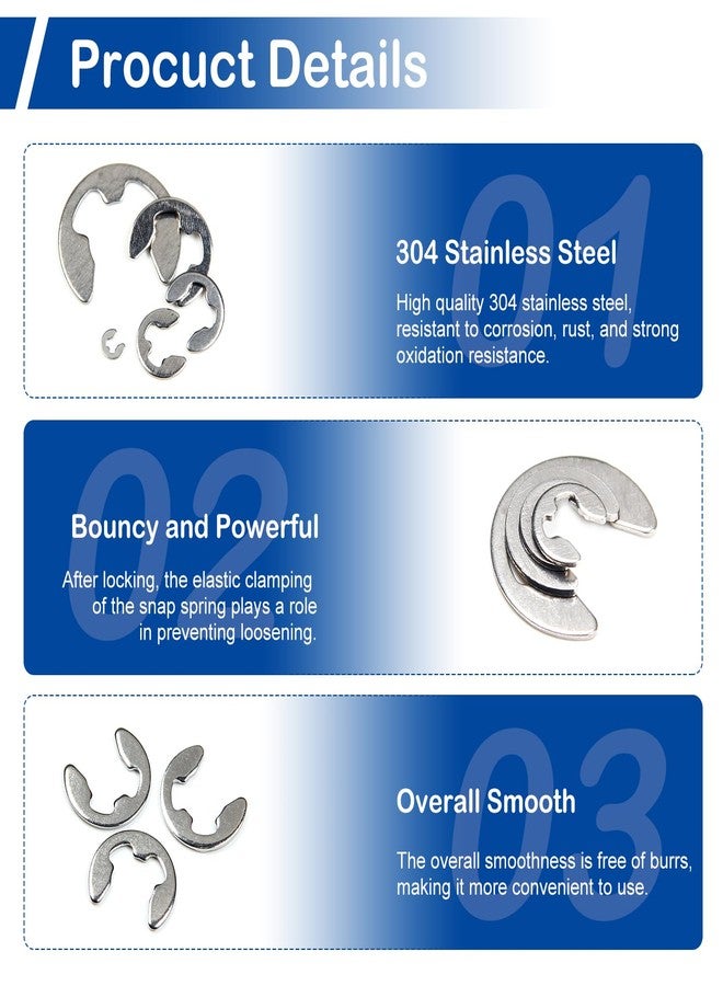 MroMax 100pcs 304 Stainless Steel Fastener External Retaining Snap Ring E-Clip Circlip OutsideDiameter 8mm Sliver Tone - Image 4