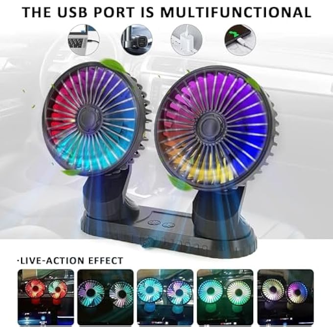مروحة سيارة ، مروحة هواء تبريد مزدوجة الرأس قابلة للتعديل بزاوية 360 درجة محرك بدون فرش مروحة سيارة منخفضة الضوضاء مروحة سيارة صغيرة USB لاستخدام السيارة / سيارات الدفع الرباعي / عربة سكن متنقلة / شاحنة / قارب (مع ضوء ملون) - Image 3