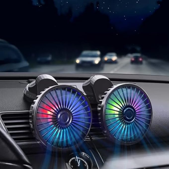 مروحة سيارة ، مروحة هواء تبريد مزدوجة الرأس قابلة للتعديل بزاوية 360 درجة محرك بدون فرش مروحة سيارة منخفضة الضوضاء مروحة سيارة صغيرة USB لاستخدام السيارة / سيارات الدفع الرباعي / عربة سكن متنقلة / شاحنة / قارب (مع ضوء ملون) - Image 1