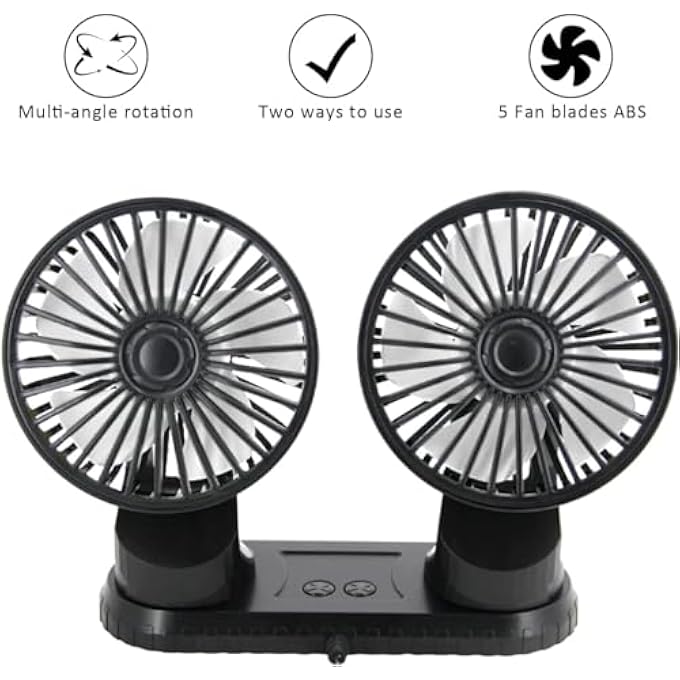 مروحة سيارة ، مروحة هواء تبريد مزدوجة الرأس قابلة للتعديل بزاوية 360 درجة محرك بدون فرش مروحة سيارة منخفضة الضوضاء مروحة سيارة صغيرة USB لاستخدام السيارة / سيارات الدفع الرباعي / عربة سكن متنقلة / شاحنة / قارب (مع ضوء ملون) - Image 4