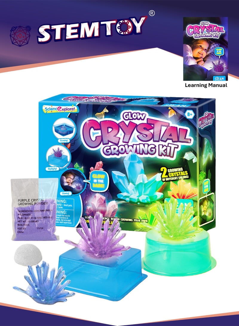 STEMTOY DIY Glow Crystal Growing Kit for Kids – Grow 2 Colorful Night-Glow Crystals, Crystal Science Experiment, UV Light Included, Hands-On STEM/STEAM Activity for Boys & Girls - Image 1
