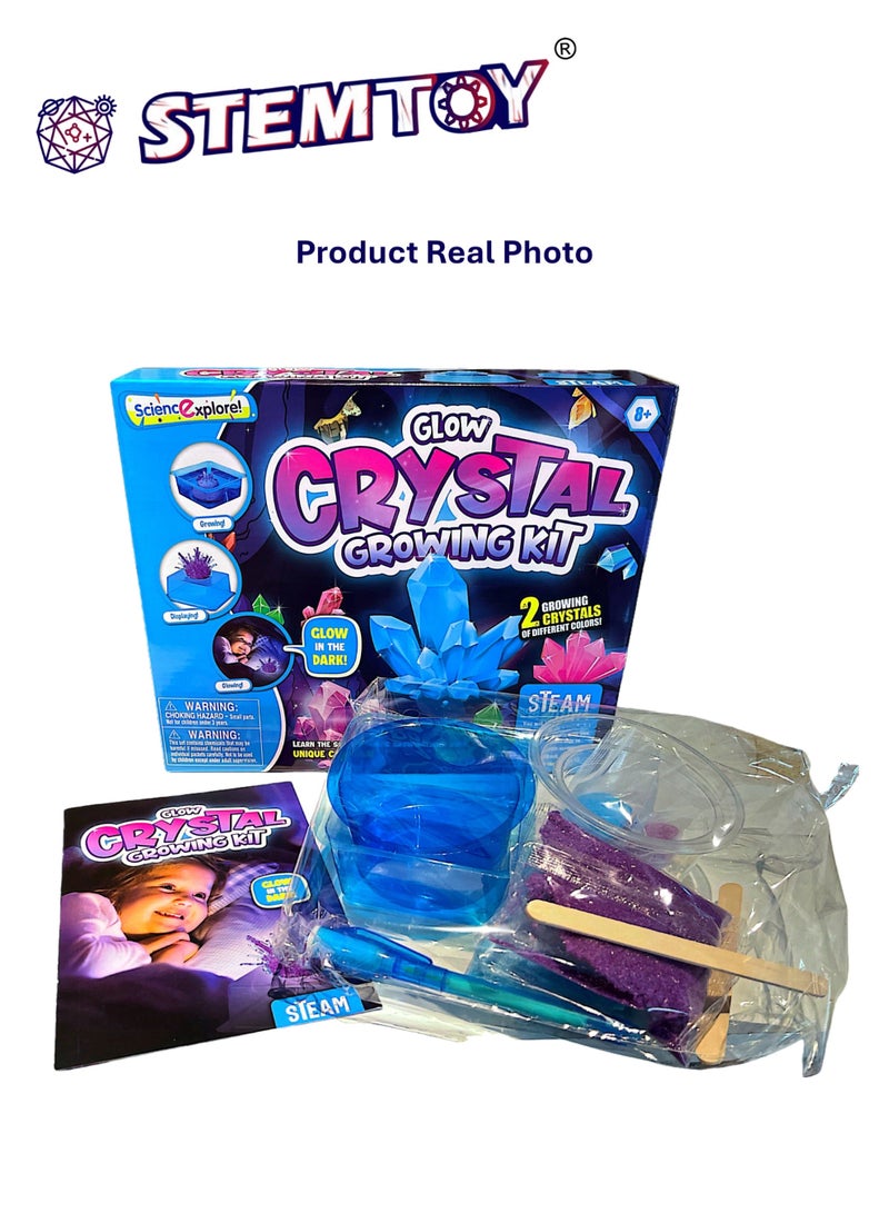 STEMTOY DIY Glow Crystal Growing Kit for Kids – Grow 2 Colorful Night-Glow Crystals, Crystal Science Experiment, UV Light Included, Hands-On STEM/STEAM Activity for Boys & Girls - Image 3