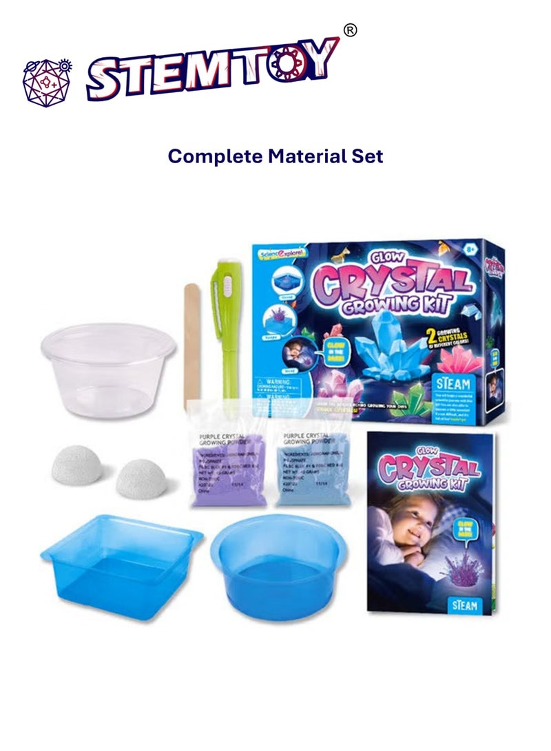 STEMTOY DIY Glow Crystal Growing Kit for Kids – Grow 2 Colorful Night-Glow Crystals, Crystal Science Experiment, UV Light Included, Hands-On STEM/STEAM Activity for Boys & Girls - Image 2