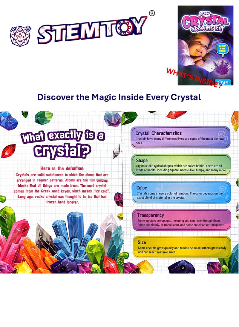 STEMTOY DIY Glow Crystal Growing Kit for Kids – Grow 2 Colorful Night-Glow Crystals, Crystal Science Experiment, UV Light Included, Hands-On STEM/STEAM Activity for Boys & Girls - Image 4