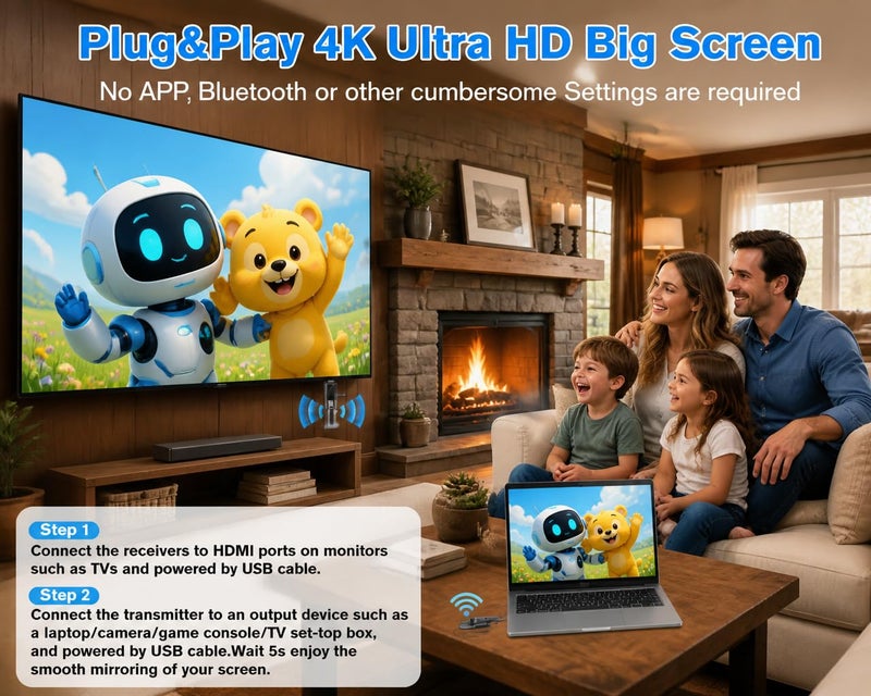 Lielyhod Upgraded Wireless HDMI Transmitter and 2 Receivers with LED Screen, Up to 6 RXs,165FT Plug & Play 1080P HD Output 5.8GHz Extender for TV Box/Laptop/Projector/Camera to Multiple Screens Grey - Image 4