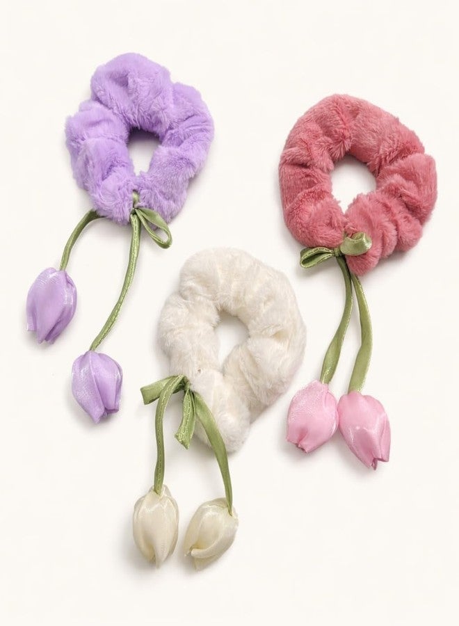 WECROO Hair Scrunchies with Tulip Flower Charms Hair Accessories, Organza Hair Rubber Bands with Hanging Korean Trendy Ponytail Hair Accessories for girls women (Multicolor, Pack of 6) - Image 3