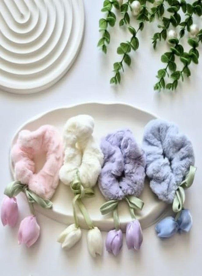 WECROO Hair Scrunchies with Tulip Flower Charms Hair Accessories, Organza Hair Rubber Bands with Hanging Korean Trendy Ponytail Hair Accessories for girls women (Multicolor, Pack of 6) - Image 1
