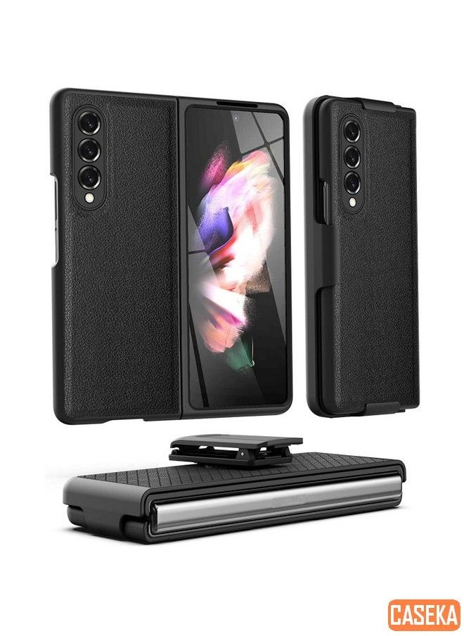 Generic Case Cover For Samsung Galaxy Z Fold 3 5G Litchi Texture PC Phone Case with Back Clip Black 