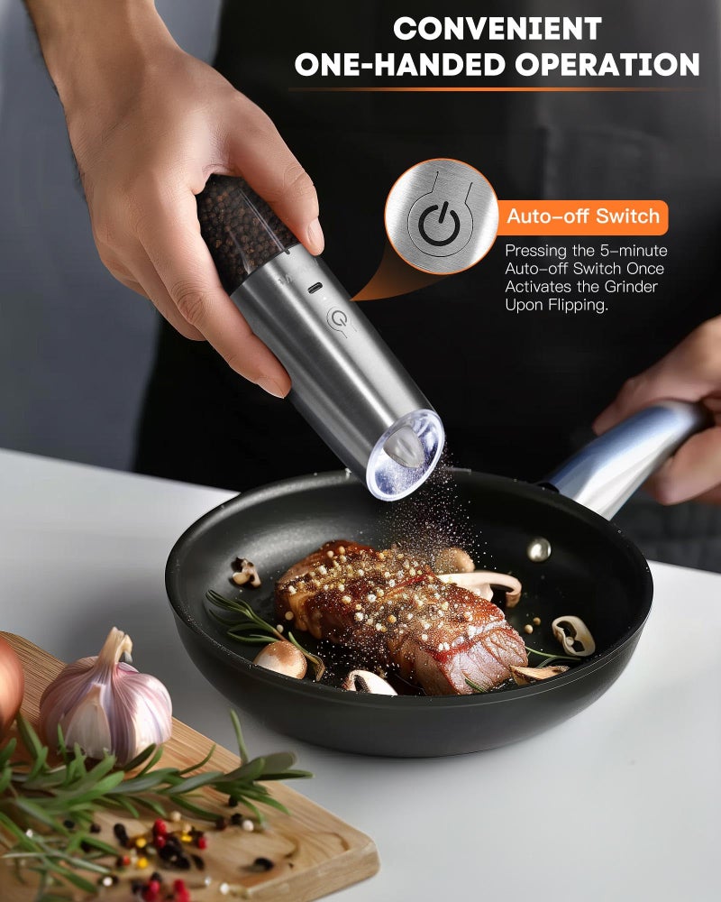 AmuseWit Gravity Electric Salt and Pepper Grinder Set [White Light] USB Rechargeable Automatic Pepper and Salt Mills,Adjustable Coarseness,One-Handed Operation,Stainless Steel - Image 3