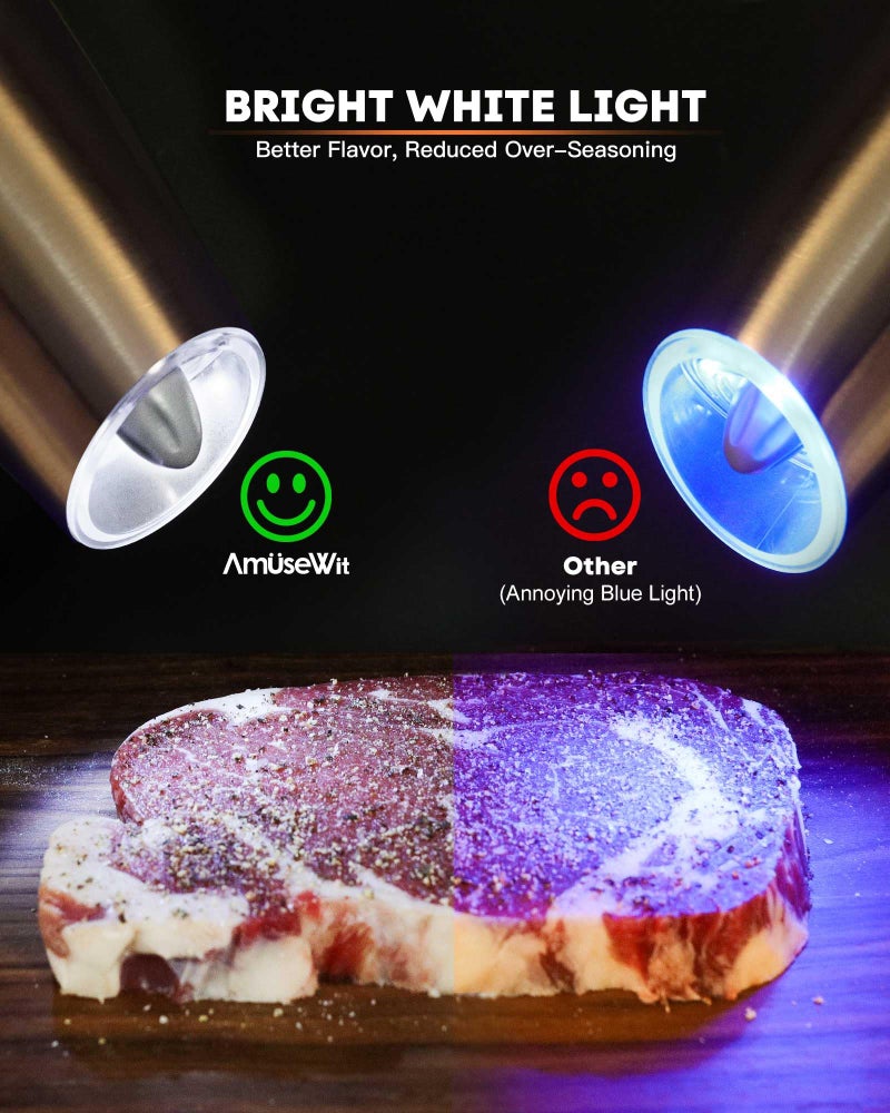 AmuseWit Gravity Electric Salt and Pepper Grinder Set [White Light] USB Rechargeable Automatic Pepper and Salt Mills,Adjustable Coarseness,One-Handed Operation,Stainless Steel - Image 4