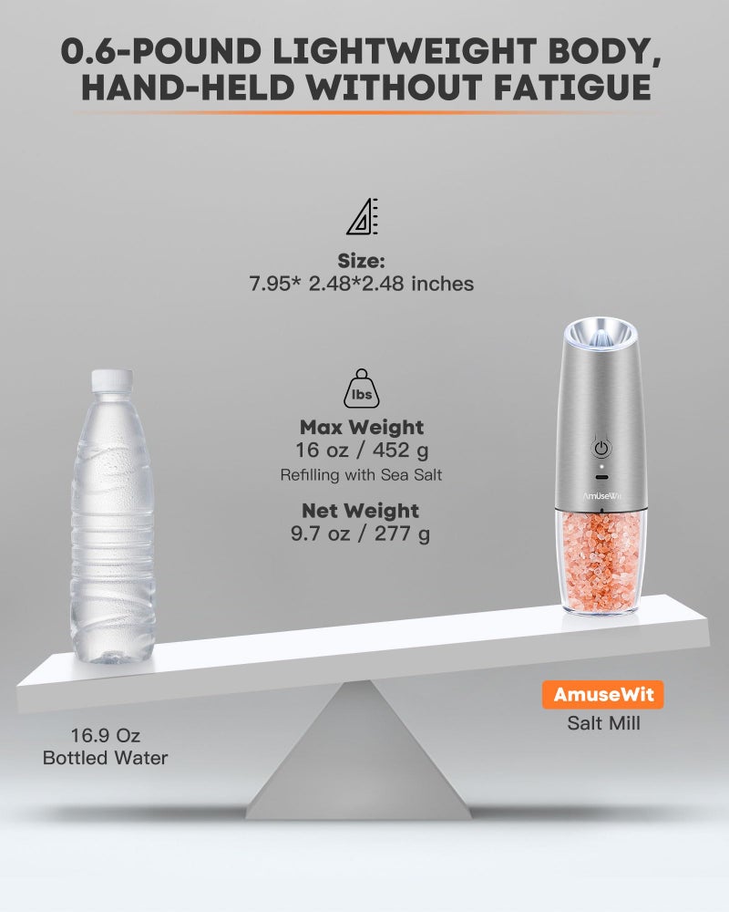 AmuseWit Gravity Electric Salt and Pepper Grinder Set [White Light] USB Rechargeable Automatic Pepper and Salt Mills,Adjustable Coarseness,One-Handed Operation,Stainless Steel - Image 5