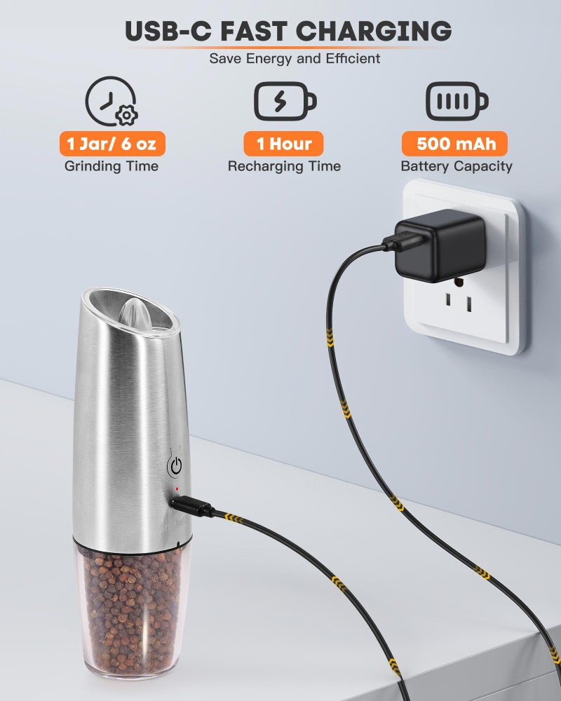 AmuseWit Gravity Electric Salt and Pepper Grinder Set [White Light] USB Rechargeable Automatic Pepper and Salt Mills,Adjustable Coarseness,One-Handed Operation,Stainless Steel - Image 2