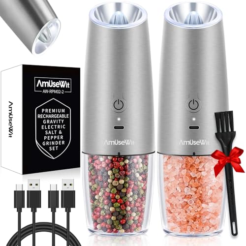 AmuseWit Gravity Electric Salt and Pepper Grinder Set [White Light] USB Rechargeable Automatic Pepper and Salt Mills,Adjustable Coarseness,One-Handed Operation,Stainless Steel - Image 1