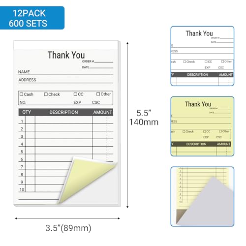 suituts 12 Pack Thank You Receipt Book for Small Business, 3.5 x 5.5 Inch, 2 Part Carbonless Sale Order Book, Order Pads Invoice Book 50 Sets Each Pad,Total 600 Sets - Image 2