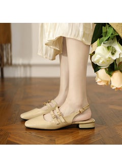 2024 Autumn New Vintage French Style Womens Pumps Square Head Rough Heel Back Space Double Row Buckle Mary Sandals Rubber Upper Apricot