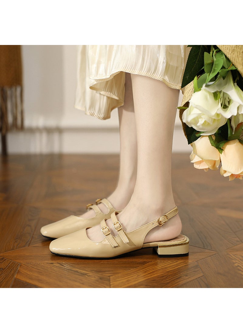 Generic - 2024 Autumn New Vintage French Style Womens Pumps Square Head Rough Heel Back Space Double Row Buckle Mary Sandals Rubber Upper Apricot - Image 1
