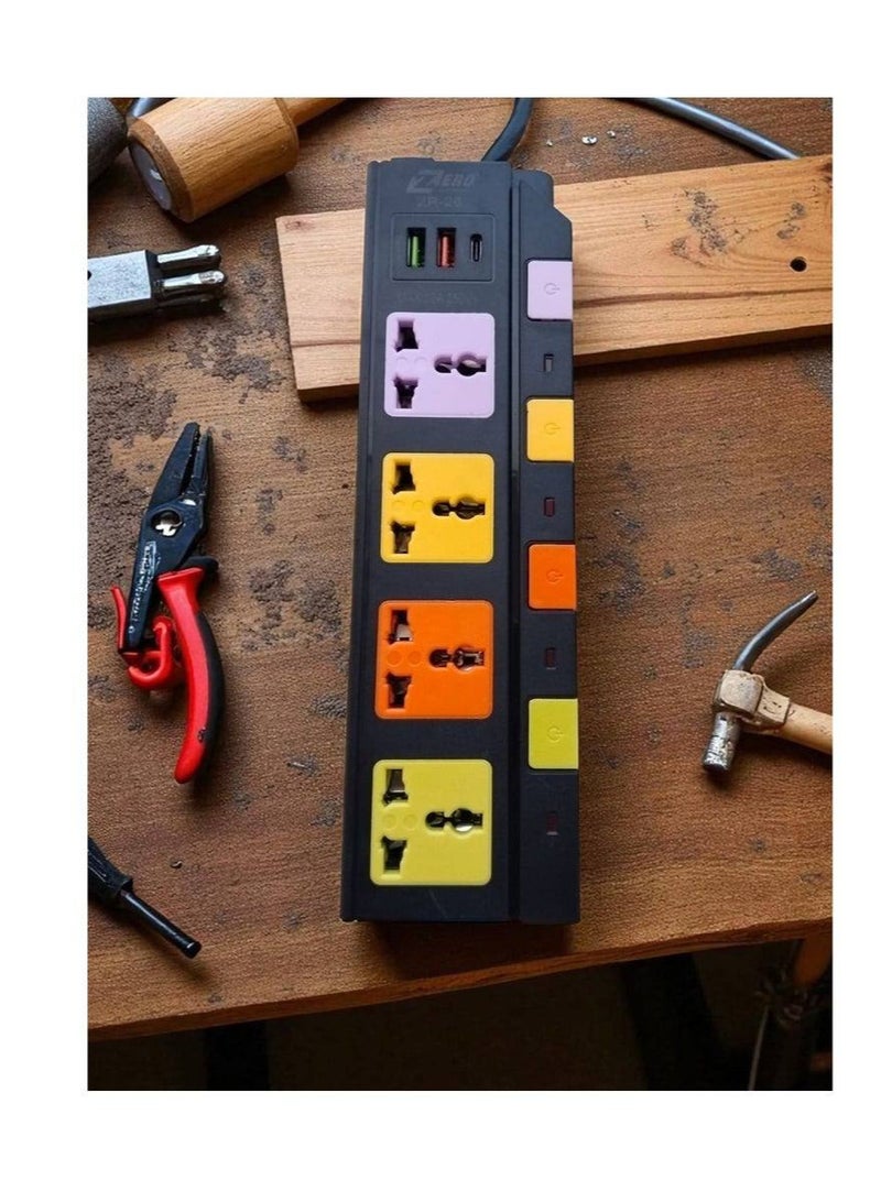 zr-26 Power Strip 4 Outlets, 2 USB Inlets, 1 USB Type-C Inlet with the ability to control each outlet via the outlet's power button - 1.5 meters long