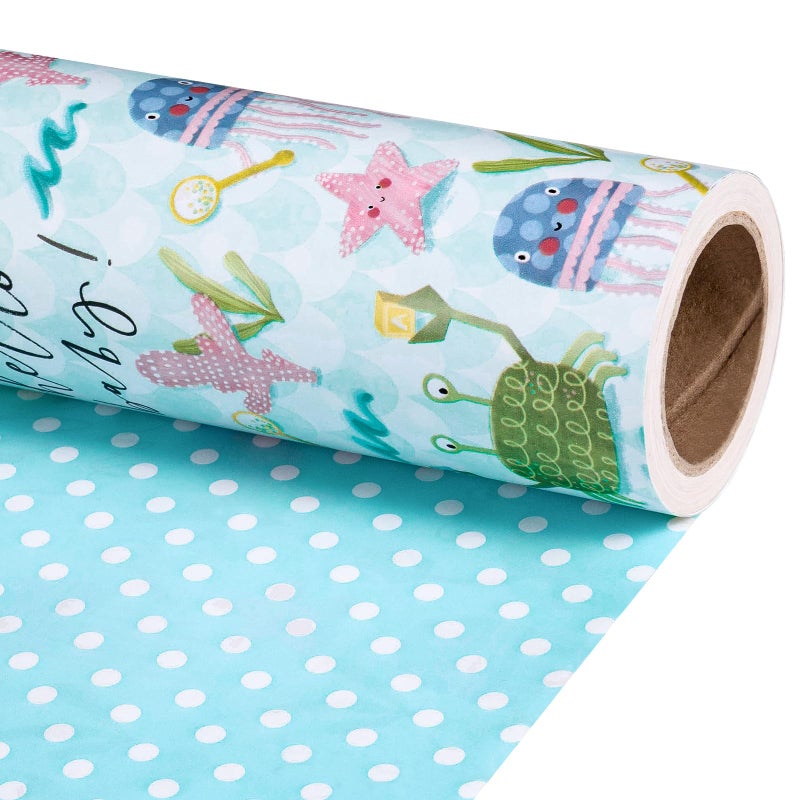 RUSPEPA Baby Shower Reversible Wrapping Paper Roll Mini Roll Hello Baby Ocean Theme with Sea Turtles Starfish Jellyfish Blue Polka Dots Gift Wrap for Birthday Newborn Gift 17 Inch x 98 Feet - Image 2
