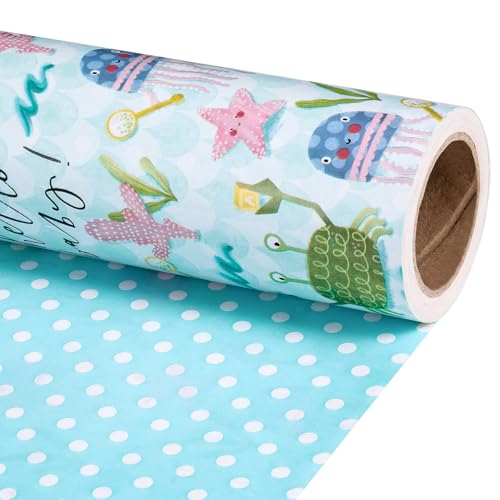 RUSPEPA Baby Shower Reversible Wrapping Paper Roll Mini Roll Hello Baby Ocean Theme with Sea Turtles Starfish Jellyfish Blue Polka Dots Gift Wrap for Birthday Newborn Gift 17 Inch x 98 Feet - Image 1