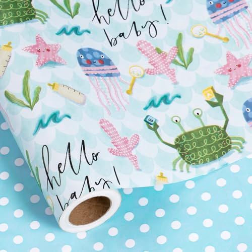 RUSPEPA Baby Shower Reversible Wrapping Paper Roll Mini Roll Hello Baby Ocean Theme with Sea Turtles Starfish Jellyfish Blue Polka Dots Gift Wrap for Birthday Newborn Gift 17 Inch x 98 Feet - Image 3