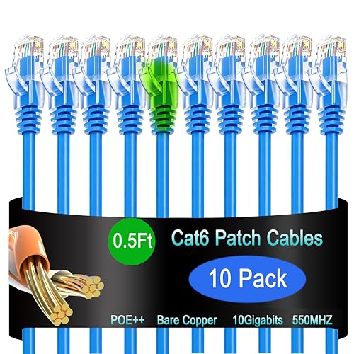 Lysymixs Cat6 Ethernet Cable 0.5 ft (10 Pack) - 10G Network Patch Cable for Data Centers, Home and Enterprise Networks - Blue - Image 1